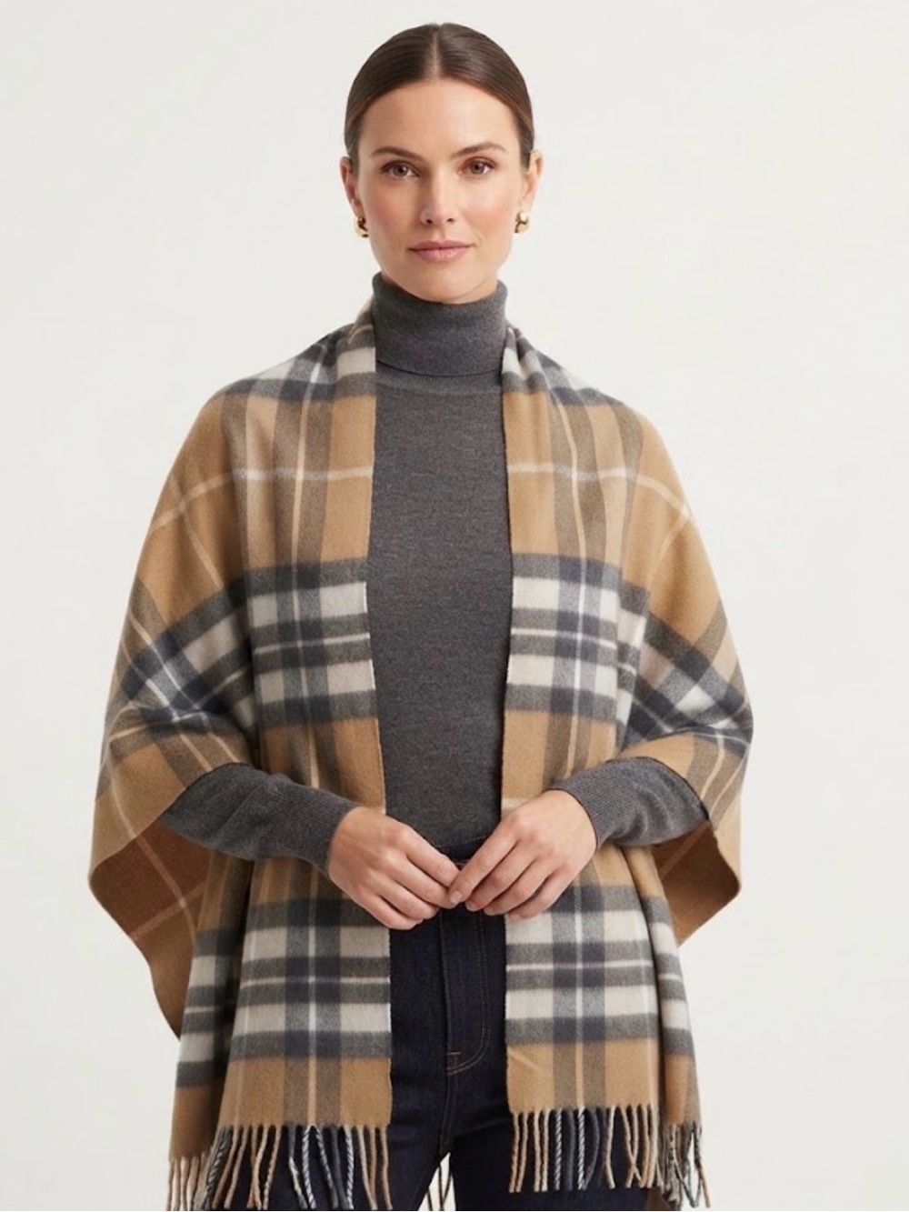 Vintage Escada Plaid New Wool & Angora Blanket Scarf Shawl Wrap Camel Tan Gray